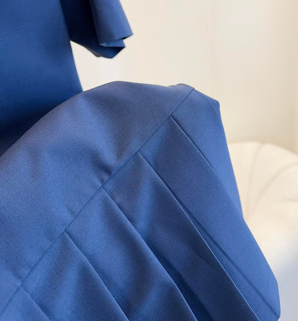 Miumiu 2025 Short-sleeved Pleated Dress Navy Blue Cotton