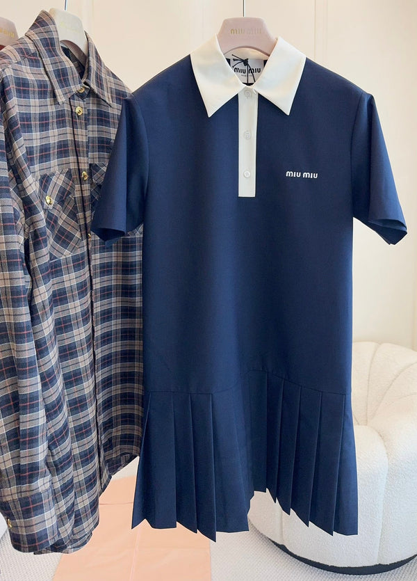 Miumiu 2025 Short-sleeved Pleated Dress Navy Blue Cotton