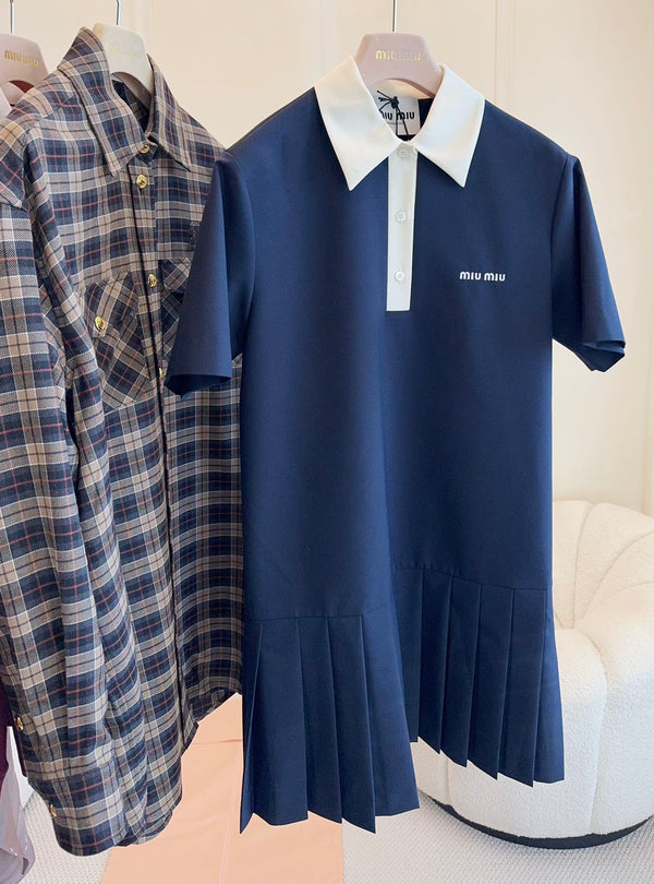 Miumiu 2025 Short-sleeved Pleated Dress Navy Blue Cotton