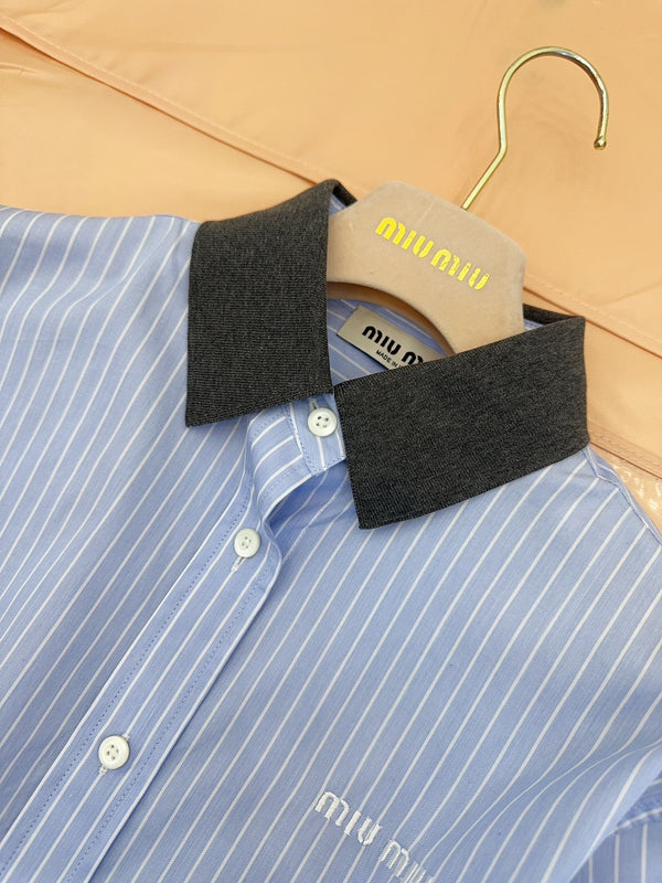Miumiu 2025 Striped Short Shirt Blue Cotton