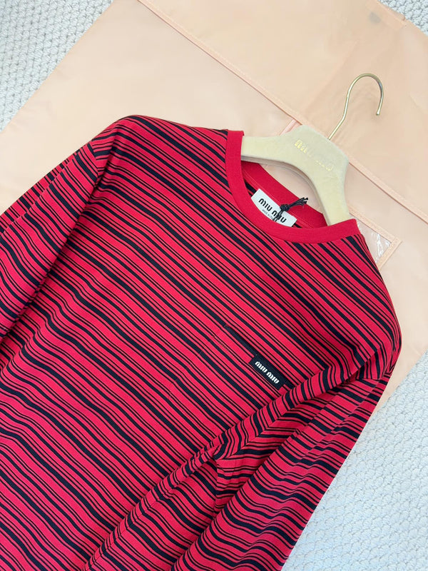 Miumiu 2025 Striped Long-sleeved T-shirt Red Cotton