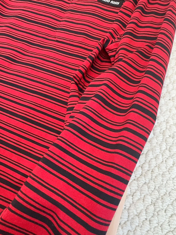 Miumiu 2025 Striped Long-sleeved T-shirt Red Cotton