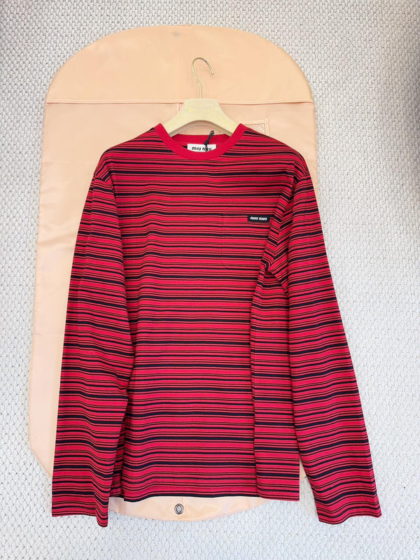 Miumiu 2025 Striped Long-sleeved T-shirt Red Cotton