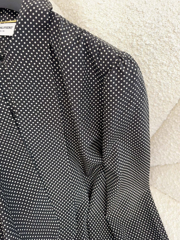 YSL 2025 Polka Dot Shirt Black mix White Silk