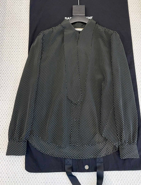 YSL 2025 Polka Dot Shirt Black mix White Silk