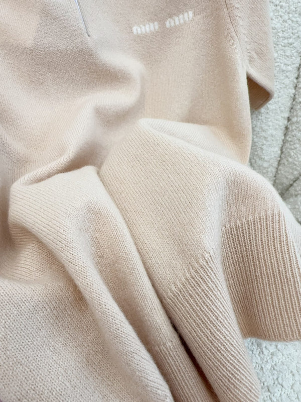 Miu Miu 25 Striped Polo Short-sleeved Sweatshirt Beige Cashmere