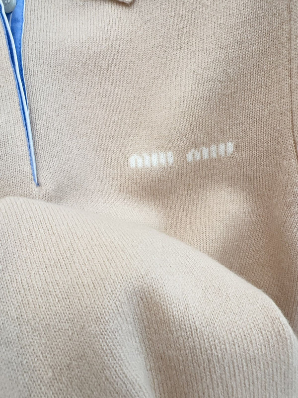 Miu Miu 25 Striped Polo Short-sleeved Sweatshirt Beige Cashmere