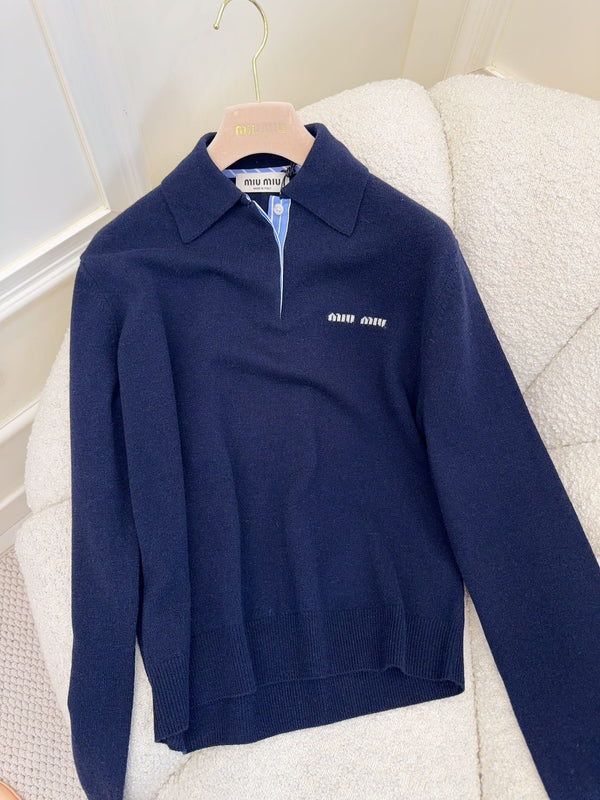 Miu Miu 25 Striped Polo Sweatshirt Dark Blue Cashmere