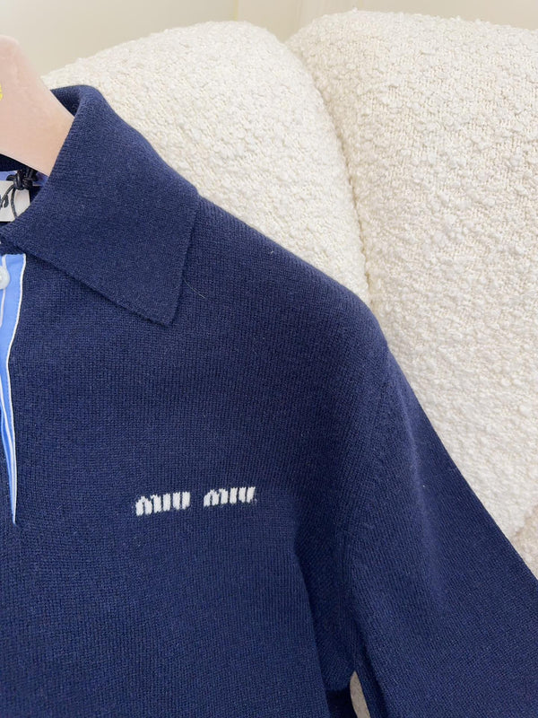 Miu Miu 25 Striped Polo Sweatshirt Dark Blue Cashmere