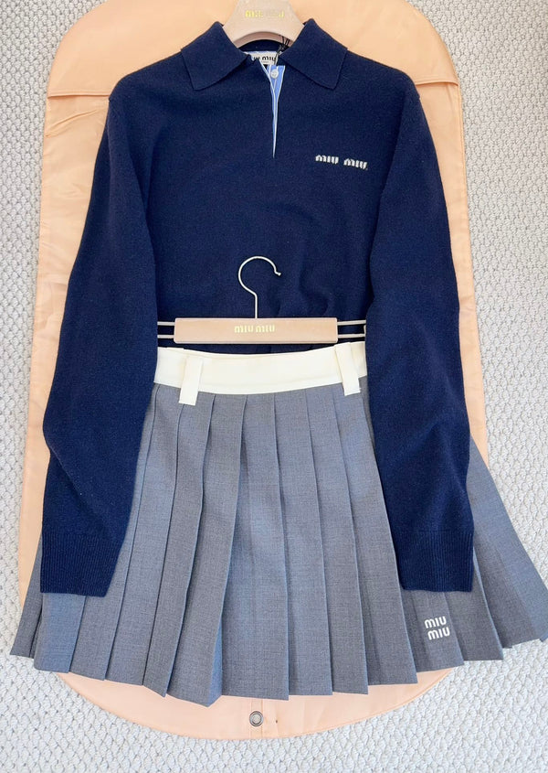 Miu Miu 25 Striped Polo Sweatshirt Dark Blue Cashmere