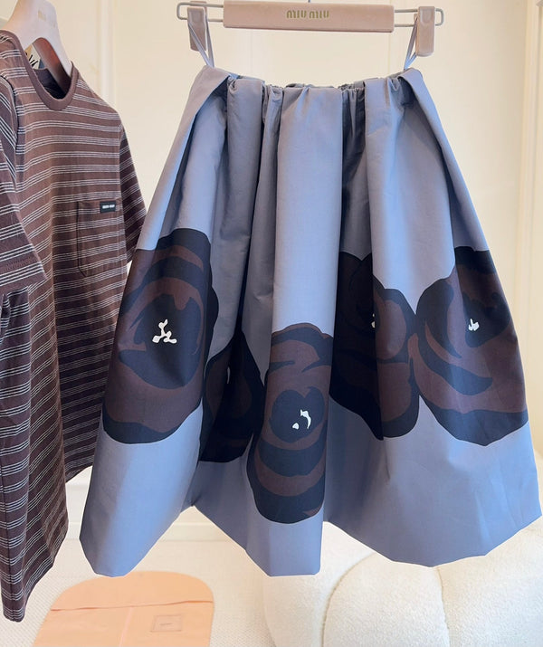 Miu Miu 25 Floral Fluffy Skirt Gray Cotton