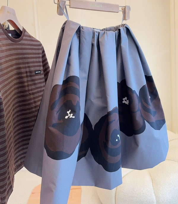 Miu Miu 25 Floral Fluffy Skirt Gray Cotton