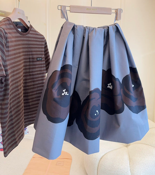 Miu Miu 25 Floral Fluffy Skirt Gray Cotton