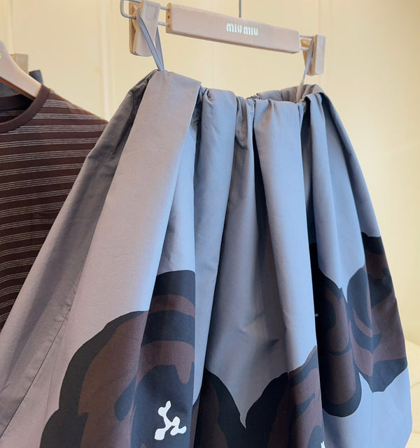 Miu Miu 25 Floral Fluffy Skirt Gray Cotton