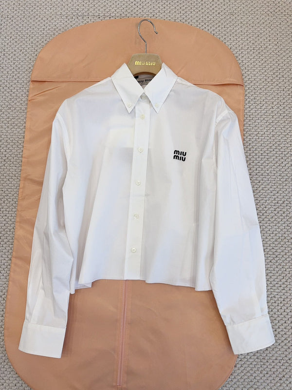 Miu Miu 2025 Logo Embroidered Long-sleeved Shirt White Cotton