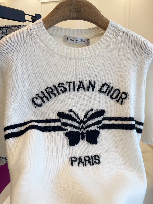 CD 25 Butterfly Knitted Short Sleeves Top White Black Cotton