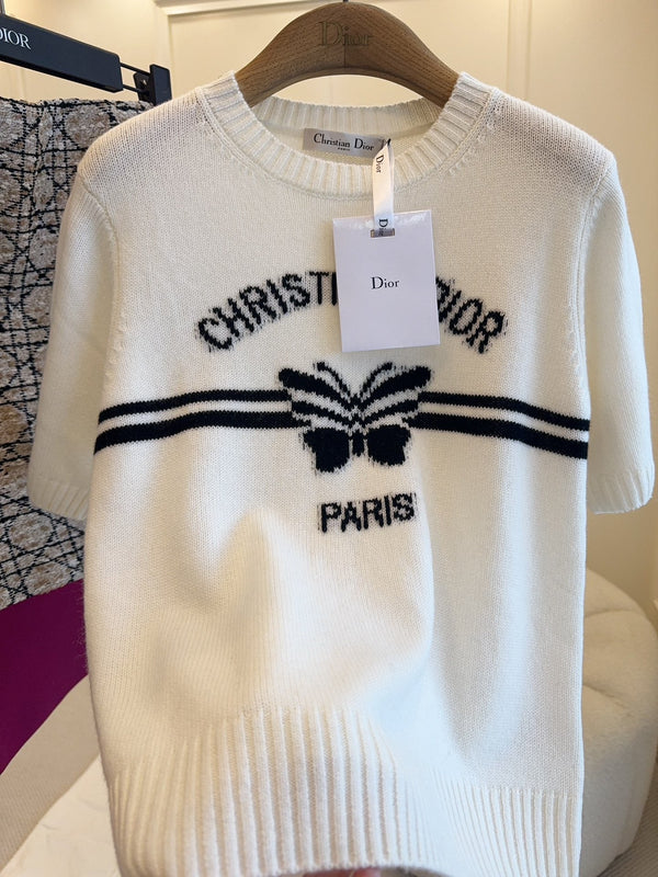 CD 25 Butterfly Knitted Short Sleeves Top White Black Cotton