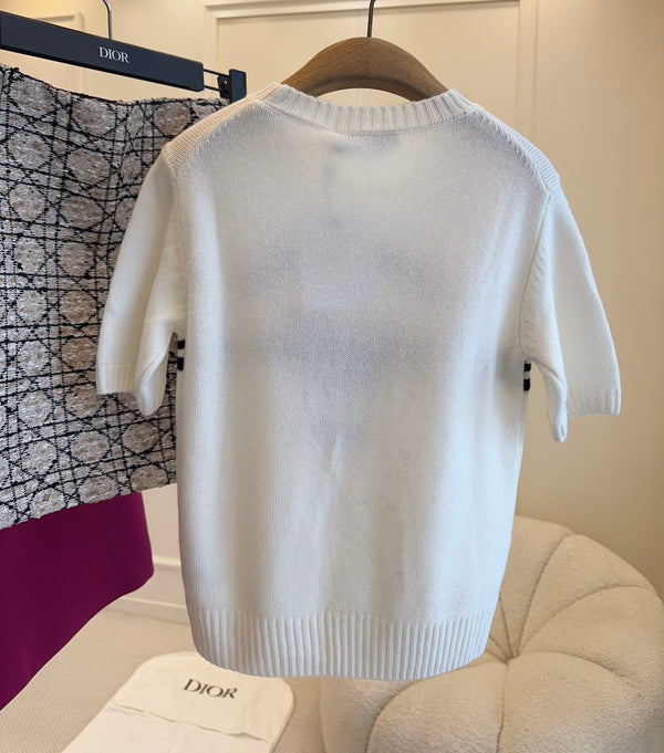 CD 25 Butterfly Knitted Short Sleeves Top White Black Cotton