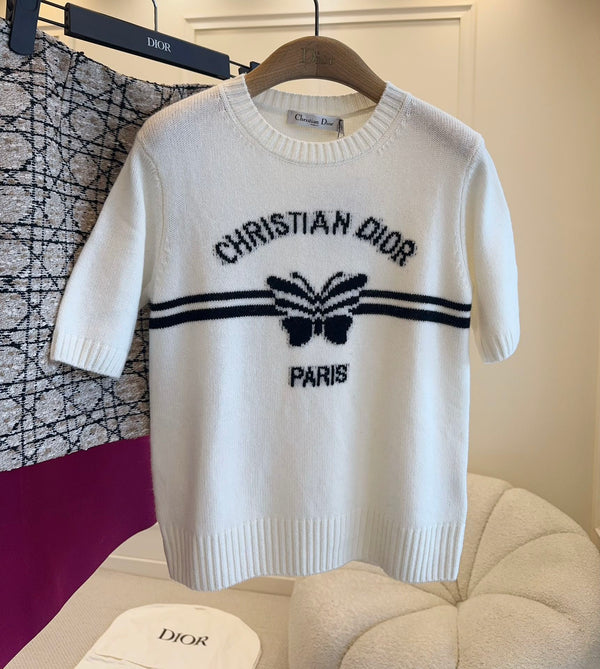 CD 25 Butterfly Knitted Short Sleeves Top White Black Cotton