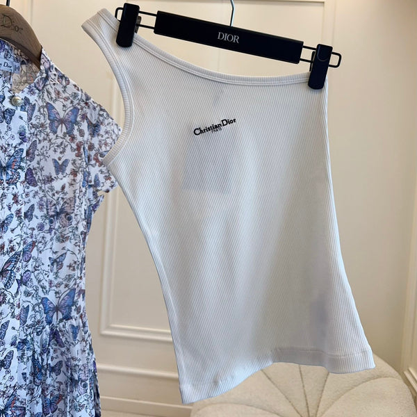 CD 2025 Asymmetrical Off-shoulder Vest White Cotton