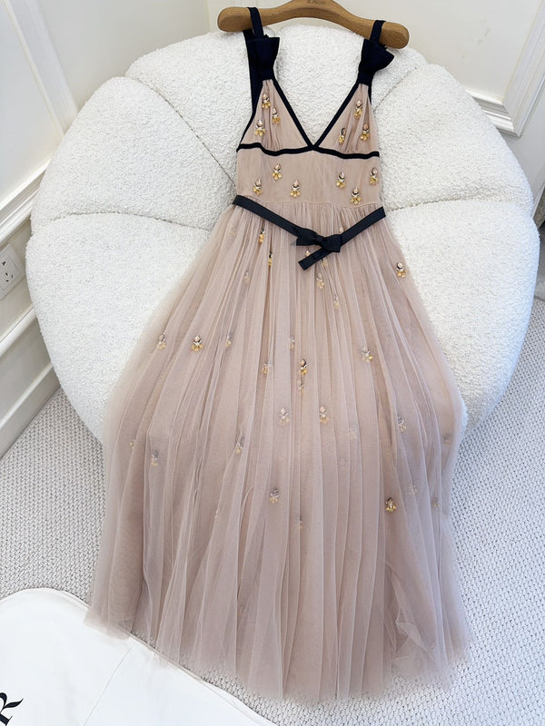 CD 2025 Beaded Dress Gray-pink Mesh Silk