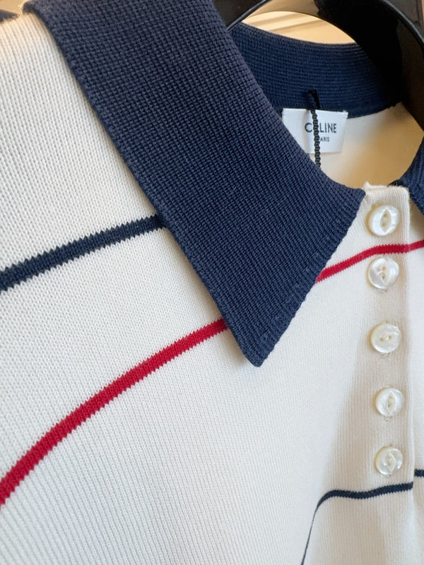 Celine 25 Polo Long Sleeves Shirt White Silk Cotton