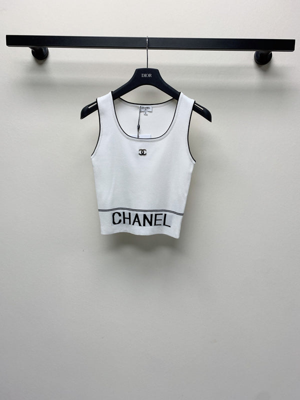 CC 25 Round Neck Knitted Embroidered Logo Vest in White 277575