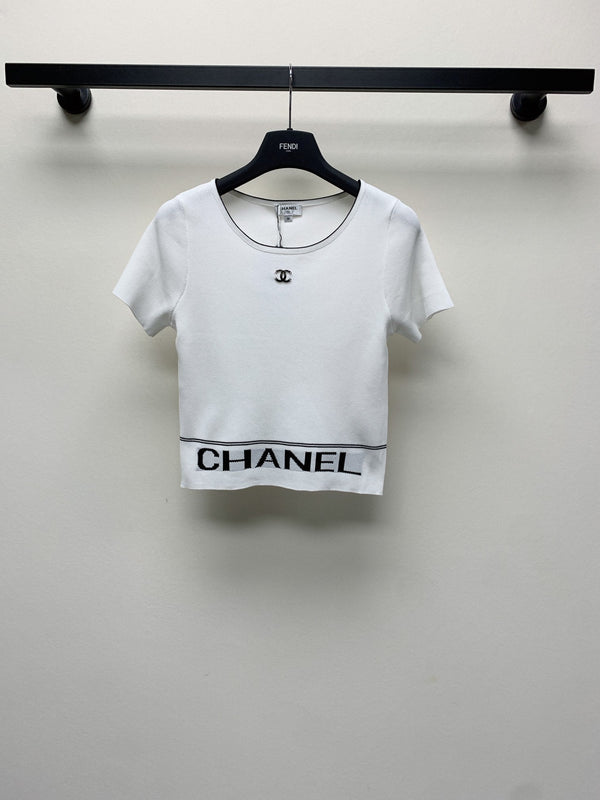 CC 25 Round Neck Knitted Embroidered Logo Top in White 277579