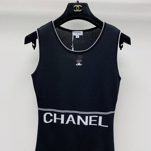 CC 25 Round Neck Knitted Embroidered Logo Vest Dress in Black  277585