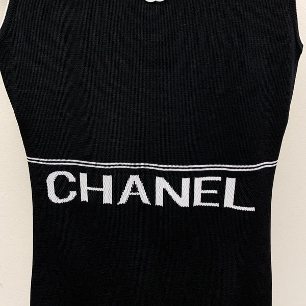 CC 25 Round Neck Knitted Embroidered Logo Vest Dress in Black  277585