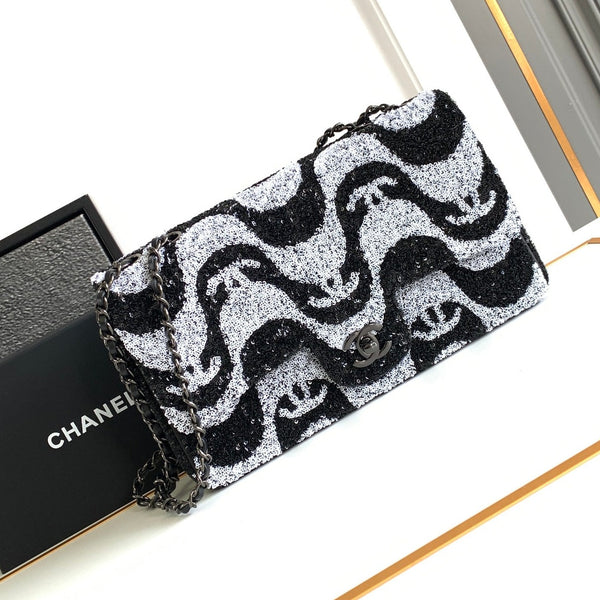 flap bag medium 25 black grey sequin silver hardware