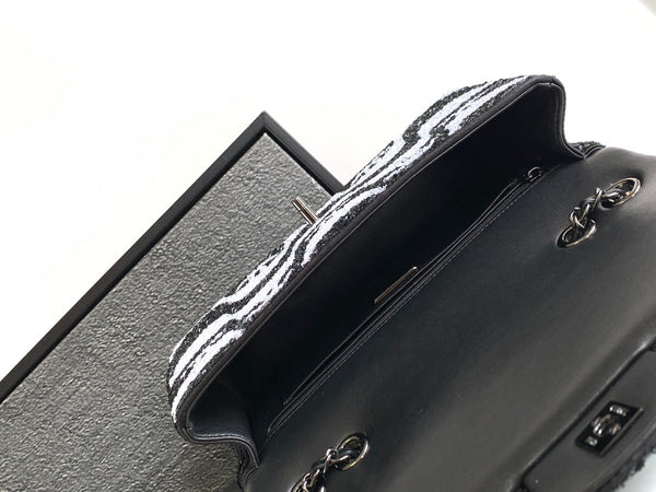 flap bag medium 25 black grey sequin silver hardware