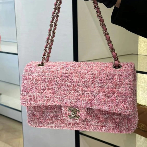 flap bag medium 25 pink tweed silver hardware