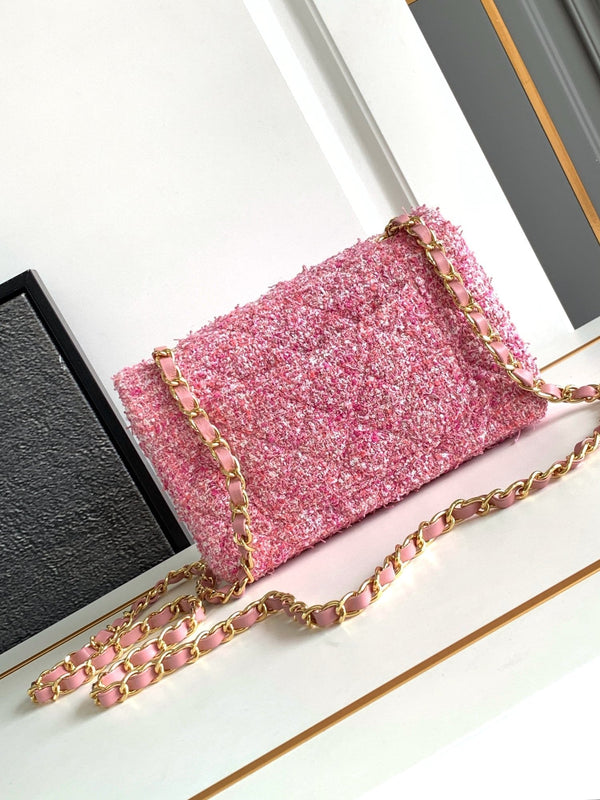 flap bag mini 20 pink tweed silver hardware