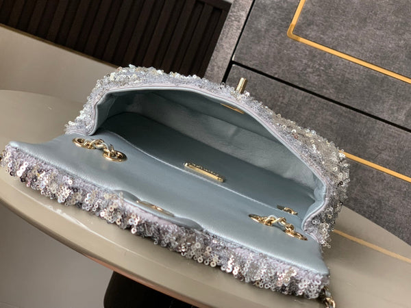 CC 25S Flap Bag 20cm Grey Fringed Sequin Calfskin