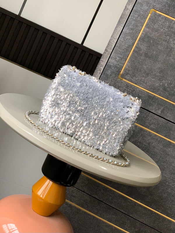 CC 25S Flap Bag 20cm Grey Fringed Sequin Calfskin