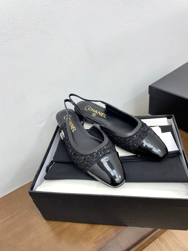 CC Slingback in tessuto tweed nero e pelle di vitello