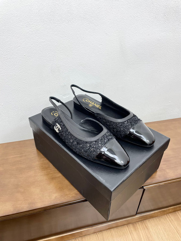 CC Slingback in tessuto tweed nero e pelle di vitello
