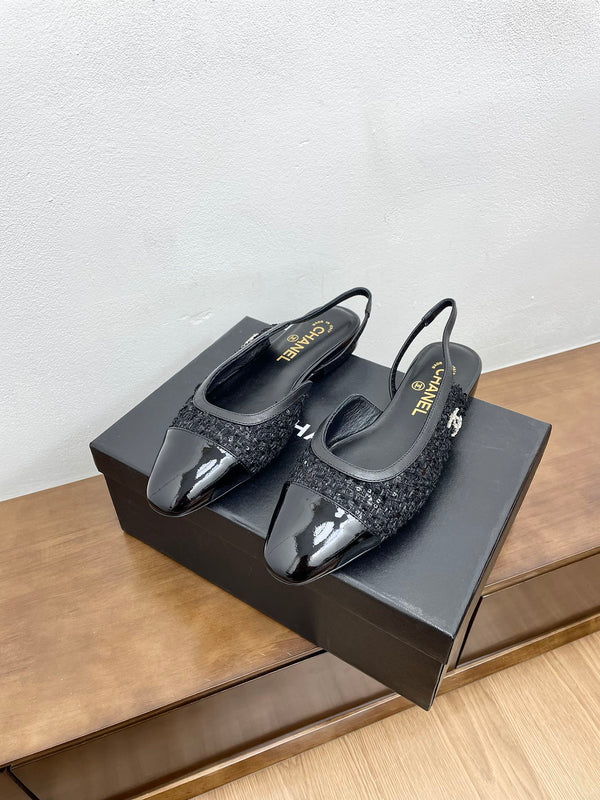 CC Slingback in tessuto tweed nero e pelle di vitello