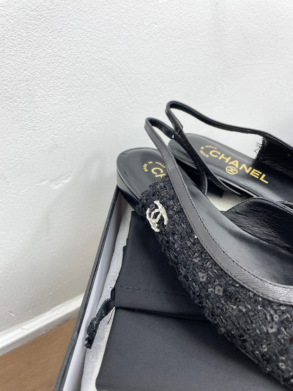 CC Slingback in tessuto tweed nero e pelle di vitello
