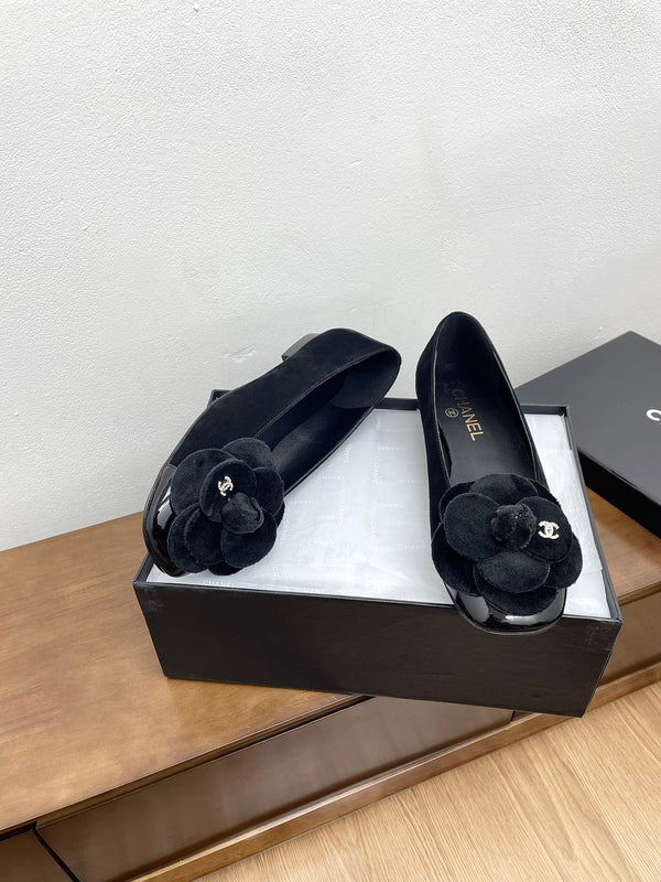 CC Ballet Flats Black With Camellia Black Suede