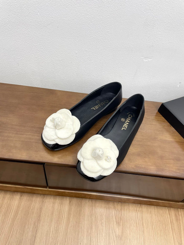 CC Ballet Flats Black With Camellia White Lambskin
