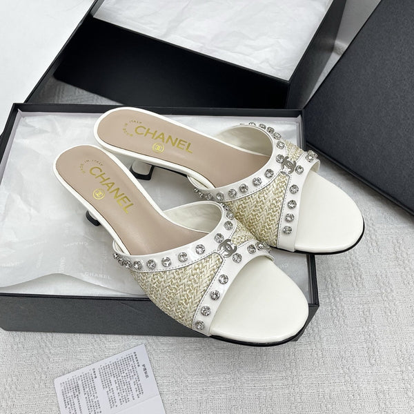 CC 25SS Slippers 5cm Light Yellow Raffia White Patent Calfskin 338301