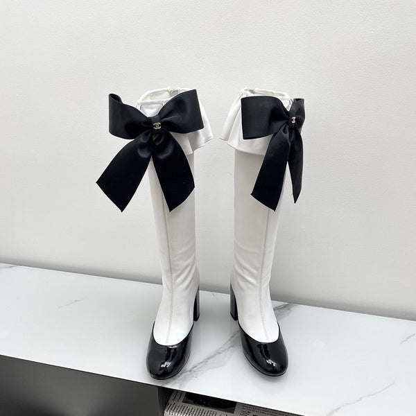 CC Big Bow Chunky Long Boots 80mm Black White Suede 427063