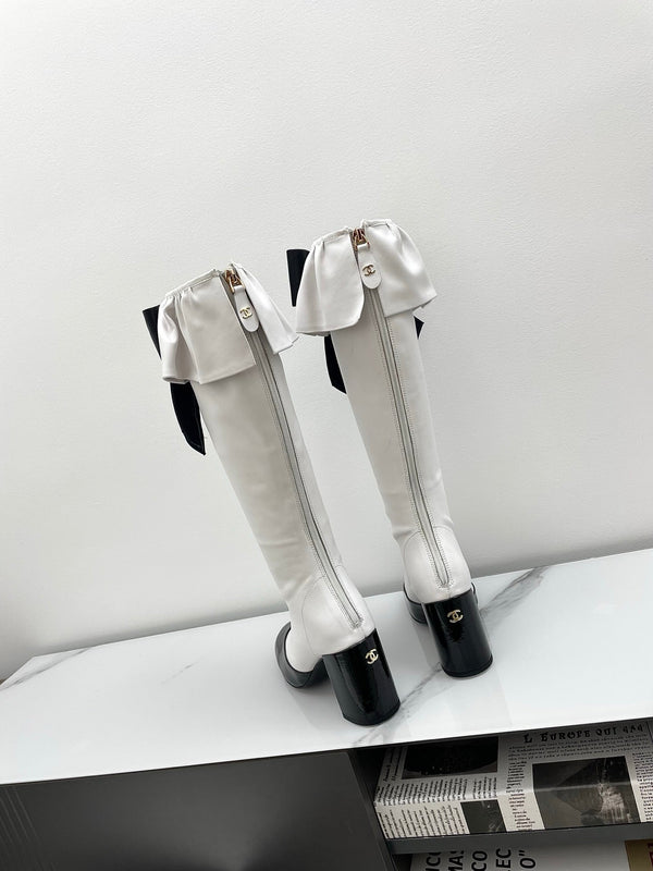 CC Big Bow Chunky Long Boots 80mm Black White Suede 427063