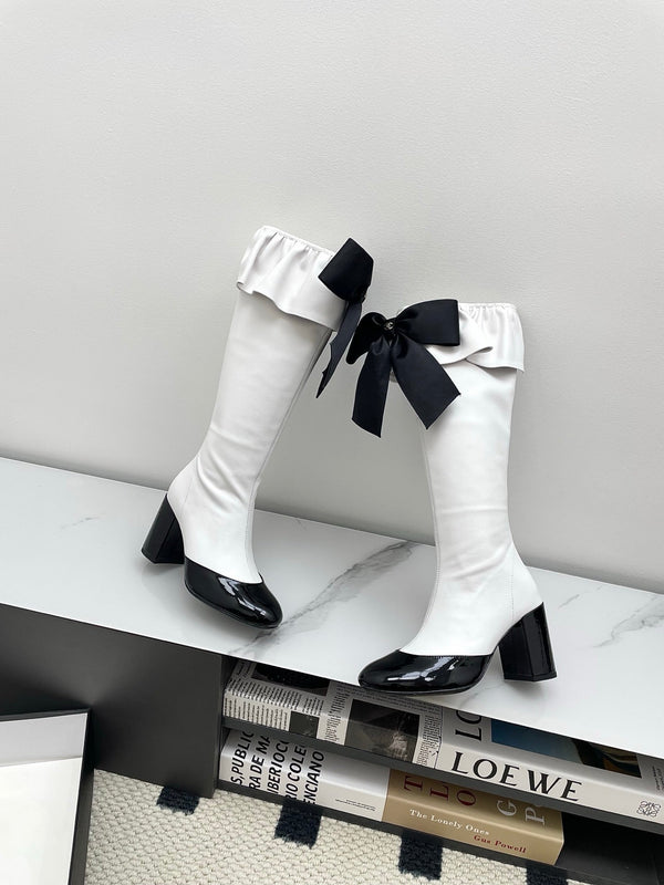 CC Big Bow Chunky Long Boots 80mm Black White Suede 427063