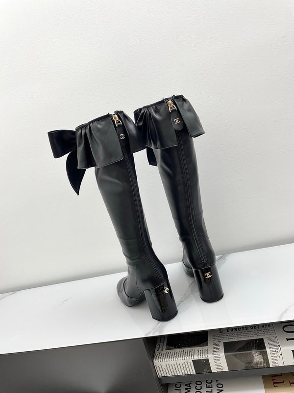 CC Big Bow Chunky Long Boots 80mm Black Cowhide 427064