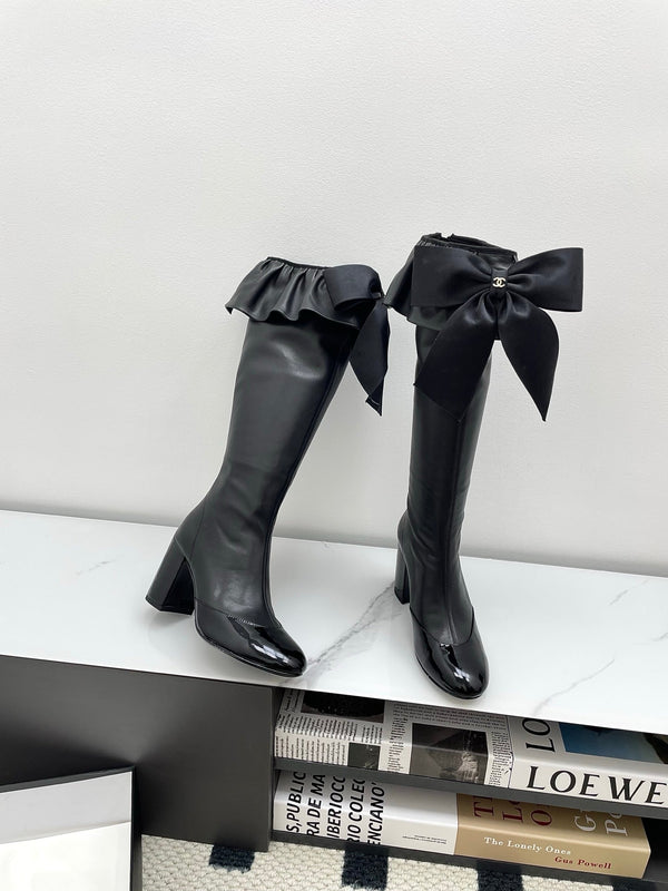 CC Big Bow Chunky Long Boots 80mm Black Cowhide 427064
