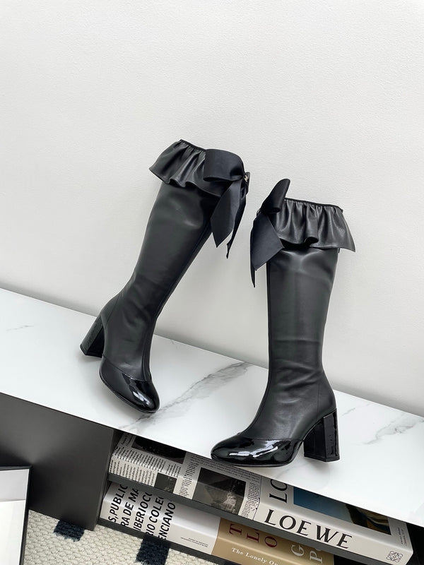 CC Big Bow Chunky Long Boots 80mm Black Cowhide 427064