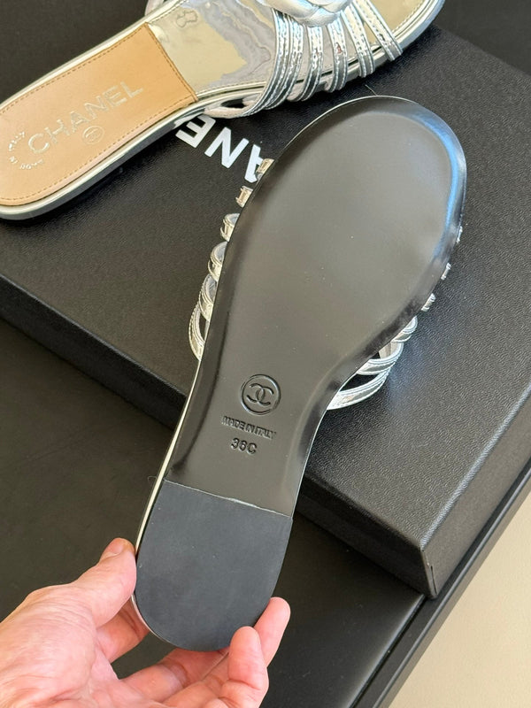 mule sandal flower silver metalic beige lambskin